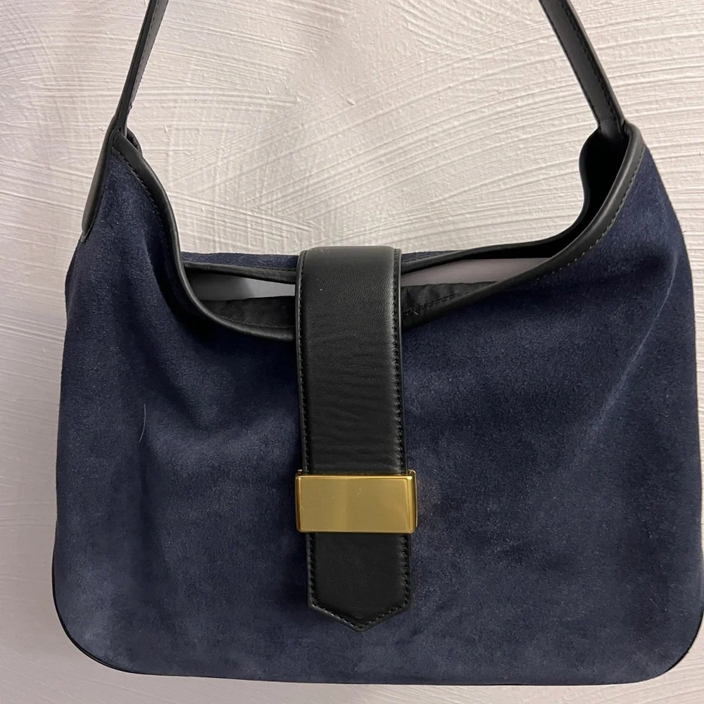 J. Crew Navy Suede Shoulder Bag with Black Strap and Gold Accent